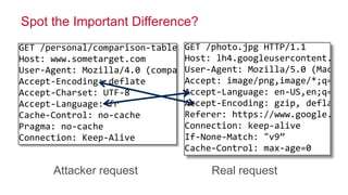 © 2016 MapR Technologies 58
Spot the Important Difference?
GET /personal/comparison-table.jsp?iODg2OQ=51a90 HTTP/1.1
Host: www.sometarget.com
User-Agent: Mozilla/4.0 (compatible; MSIE 6.0; Windows NT 5.1;)
Accept-Encoding: deflate
Accept-Charset: UTF-8
Accept-Language: fr
Cache-Control: no-cache
Pragma: no-cache
Connection: Keep-Alive
GET /photo.jpg HTTP/1.1
Host: lh4.googleusercontent.com
User-Agent: Mozilla/5.0 (Macint
Accept: image/png,image/*;q=0.8
Accept-Language: en-US,en;q=0.5
Accept-Encoding: gzip, deflate,
Referer: https://www.google.com
Connection: keep-alive
If-None-Match: "v9”
Cache-Control: max-age=0
Attacker request Real request
 