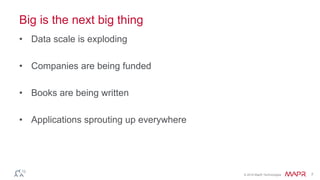 © 2016 MapR Technologies 7
Big is the next big thing
• Data scale is exploding
• Companies are being funded
• Books are being written
• Applications sprouting up everywhere
 