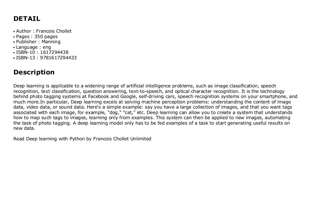 Read Deep learning with Python by Francois Chollet Unlimited