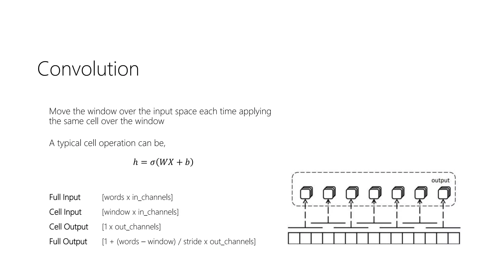 Convolution
Move the window over the input space each time applying
the same cell over the window
A typical cell operation can be,
ℎ = 𝜎 𝑊𝑋 + 𝑏
Full Input [words x in_channels]
Cell Input [window x in_channels]
Cell Output [1 x out_channels]
Full Output [1 + (words – window) / stride x out_channels]
 