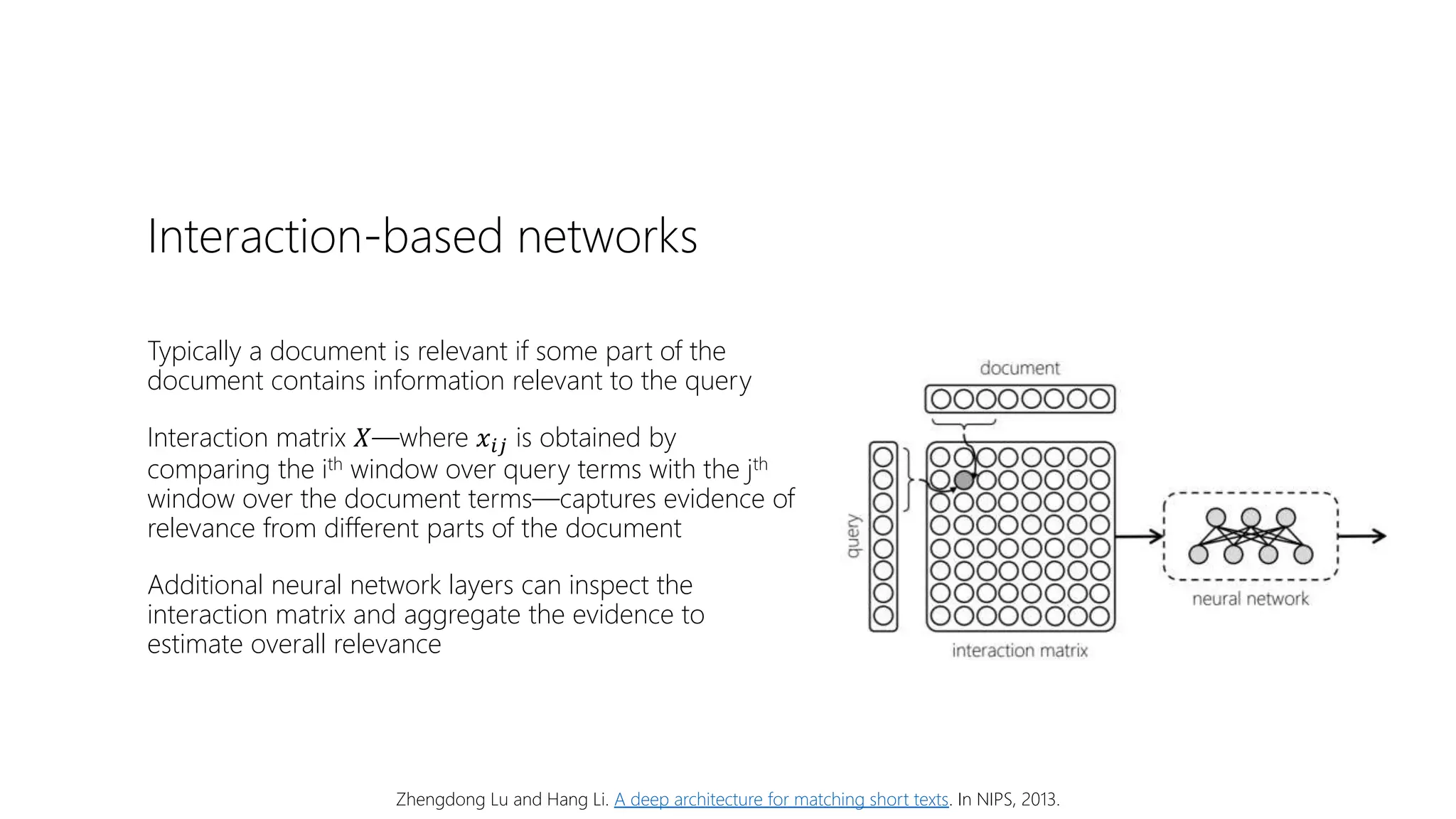 Interaction-based networks
Typically a document is relevant if some part of the
document contains information relevant to the query
Interaction matrix 𝑋—where 𝑥𝑖𝑗 is obtained by
comparing the ith window over query terms with the jth
window over the document terms—captures evidence of
relevance from different parts of the document
Additional neural network layers can inspect the
interaction matrix and aggregate the evidence to
estimate overall relevance
Zhengdong Lu and Hang Li. A deep architecture for matching short texts. In NIPS, 2013.
 
