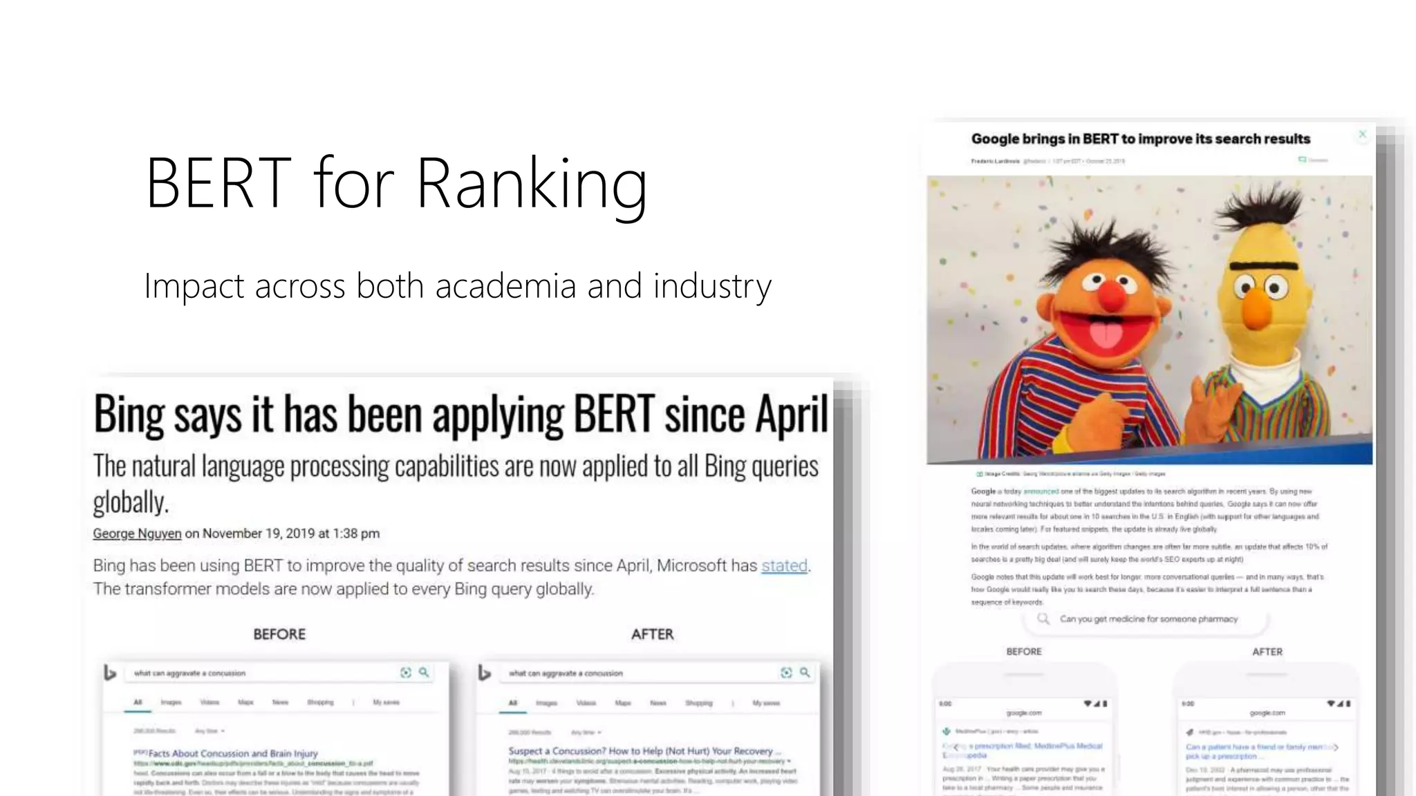 Impact across both academia and industry
BERT for Ranking
 