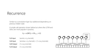 Recurrence
Similar to a convolution layer but additional dependency on
previous hidden state
A simple cell operation shown below but others like LSTM and
GRUs are more popular in practice,
ℎ𝑖 = 𝜎 𝑊𝑋𝑖 + 𝑈ℎ𝑖−1 + 𝑏
Full Input [words x in_channels]
Cell Input [window x in_channels] + [1 x out_channels]
Cell Output [1 x out_channels]
Full Output [1 x out_channels]
 