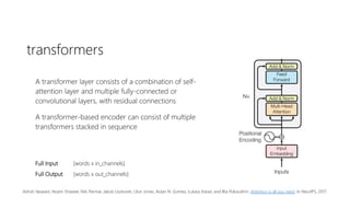transformers
A transformer layer consists of a combination of self-
attention layer and multiple fully-connected or
convolutional layers, with residual connections
A transformer-based encoder can consist of multiple
transformers stacked in sequence
Full Input [words x in_channels]
Full Output [words x out_channels]
Ashish Vaswani, Noam Shazeer, Niki Parmar, Jakob Uszkoreit, Llion Jones, Aidan N. Gomez, Łukasz Kaiser, and Illia Polosukhin. Attention is all you need. In NeurIPS, 2017.
 