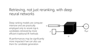 Retrieving, not just reranking, with deep
neural networks
Deep ranking models are compute-
intensive and are practically
employed only to rerank top-k
candidates retrieved by more
efficient traditional IR methods
IR performances may be significantly
more impacted if we can also use
them for candidate generation
score
 