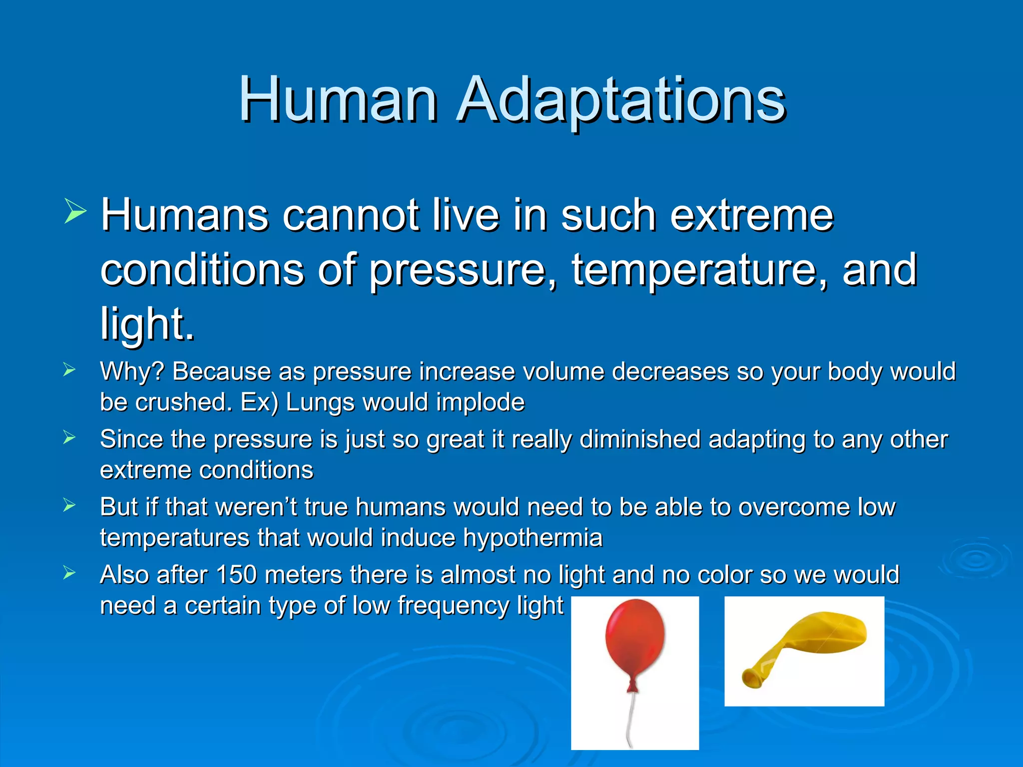 Human Adaptations Humans cannot live in such extreme conditions of pressure, temperature, and light. Why? Because as pressure increase volume decreases so your body would be crushed. Ex) Lungs would implode Since the pressure is just so great it really diminished adapting to any other extreme conditions But if that weren’t true humans would need to be able to overcome low temperatures that would induce hypothermia Also after 150 meters there is almost no light and no color so we would need a certain type of low frequency light 