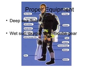 Proper Equipment Deep sea Submarines Wet suit, oxygen tank, Scuba gear 
