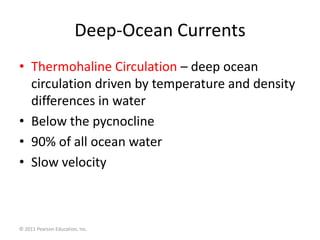 Deep-Ocean Currents
• Thermohaline Circulation – deep ocean
  circulation driven by temperature and density
  differences in water
• Below the pycnocline
• 90% of all ocean water
• Slow velocity



© 2011 Pearson Education, Inc.
 