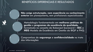 BENEFÍCIOS DIFERENCIAIS E RESULTADOS
HD CONSULT – METODOLOGIA DEEP 24
Não exige estruturação, nem experiência ou conhecimento
anterior em planejamento, nem profissionais especializados
Metodologia fundamentada em melhores práticas de
gestão e programas de excelência de qualidade,
formatada no conceito de Balanced Scorecard – BSC e
MEG Modelo de Excelência em Gestão do IBQP e FNQ.
Compromisso de segurança e confidencialidade no trato
das informações
 