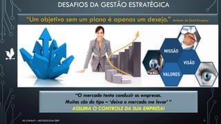 HD CONSULT – METODOLOGIA DEEP 7
“O mercado tenta conduzir as empresas.
Muitas são do tipo – ‘deixa o mercado me levar’ ”
ASSUMA O CONTROLE DA SUA EMPRESA!
“Um objetivo sem um plano é apenas um desejo.” Antoine de Saint Exupery
DESAFIOS DA GESTÃO ESTRATÉGICA
 