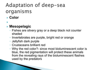  Color

 Mesopelagic
◦ Fishes are silvery gray or a deep black not counter
shaded
◦ Invertebrates are purple, bright red or orange
◦ Jellyfish dark purple
◦ Crustaceans brilliant red
◦ Why the red color?- since most bioluminescent color is
blue, the red pigmentation will protect these animals
from the revealing rays of the bioluminescent flashes
used by the predators
 