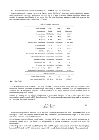 Table 1 shows three numeric simulations: the Vega´s [7], the Ouchi´s [8], and the Author´s.
The performance metrics consider electricity as the only output. The Ouchi´s paper does consider desalinated seawater
as an output besides electricity; nevertheless, electricity has to be used for actually making desalinated seawater and
pumping it to onshore or offloading it to a tanker ship. The more desalinated seawater to make and pump, the less
deliverable electricity becomes available and vice-versa.
Table 1. Numeric simulations
Design attribute Vega´s Ouchi´s Author´s
Concept design Topside Topside Deep-subsea
Power cycle type NH3-Rankine Uehara®
Uehara®
Gross power 80 MW 5 MW 5 MW
Net power 53 MW 3 MW 3.5 MW
Ancillary electric consumption Not available Not available 2% gross power
SOW temperature 299 K 298 K 299 K
DOW temperature 278 K 278 K 279 K
SOW flow 264.6 m3
/s 14.5 m3
/s 5.4 m3
/s
Heat exchanger (HX) effectiveness Not available Not available 85%
Turbo generator efficiency Not available Not available 90%
Pumping efficiency Not available Not available 85%
HX temperature gap 3 K 3 K 6 K
HX pressure loss Not available Not available 1 bar
Seawater flow velocity 2.0 m/s 2.0 m/s 2.0 m/s
Piping internal wall roughness Not available Not available 50 μm
Performance metrics
Overall exergy efficiency 6% 7% 23%
Energy content (as to SOW) 0.20 MJ/m3
0.21 MJ/m3
0.65 MJ/m3
Note: Uehara®
[9].
As to the performance metrics in Table 1, the deep-subsea OTEC concept features exergy efficiency about three times
higher than topside´s. The former´s top advantage is the sizing of the heat exchangers, both the evaporator and the
condenser, for 6 K temperature difference. Another advantage is less-energy intensive seawater pumping due to the
higher water density in the deep sea.
Equation (3) models the CO2 relative concentration in air-to-water interfaces (R, the Revelle Factor) [10]. Such
concentration varies between 8 and 15, depending on the CO2 temperature and concentration at the sea level atmosphere.
As a base case, the Author assumes 10.
   
   águaágua
arar
COCO
COCO
R
22
22
/
/


 (3)
The concentration gradient of dissolved CO2 in the South Atlantic increases vertically from 2.0 mol CO2/t-water at sea
level up to 2.2 mol CO2/t-water at 1,000 m-depth [11]. Nevertheless, local measurements ought to be made due to
vertical and horizontal ocean current conditions.
For the onshore and the offshore topside assets (with long DOW pipe), there are CO2 positive emissions to the
atmosphere because DOW (with higher CO2 concentration) is pumped upwards the sea level (with lower CO2
concentration).
For the deep-subsea asset (with long SOW pipe), there are CO2 negative emissions, or capture from the atmosphere,
because SOW (with lower CO2 concentration) is pumped downwards the sea bottom (with higher CO2 concentration).
 