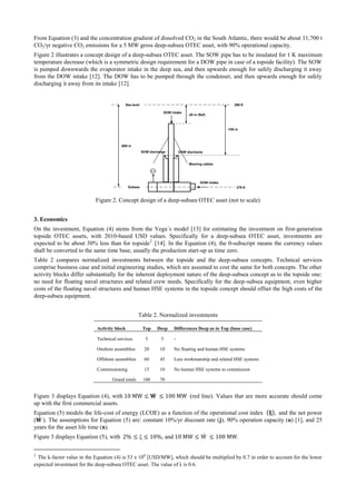 From Equation (3) and the concentration gradient of dissolved CO2 in the South Atlantic, there would be about 11,700 t
CO2/yr negative CO2 emissions for a 5 MW gross deep-subsea OTEC asset, with 90% operational capacity.
Figure 2 illustrates a concept design of a deep-subsea OTEC asset. The SOW pipe has to be insulated for 1 K maximum
temperature decrease (which is a symmetric design requirement for a DOW pipe in case of a topside facility). The SOW
is pumped downwards the evaporator intake in the deep sea, and then upwards enough for safely discharging it away
from the DOW intake [12]. The DOW has to be pumped through the condenser, and then upwards enough for safely
discharging it away from its intake [12].
Figure 2. Concept design of a deep-subsea OTEC asset (not to scale)
3. Economics
On the investment, Equation (4) stems from the Vega´s model [13] for estimating the investment on first-generation
topside OTEC assets, with 2010-based USD values. Specifically for a deep-subsea OTEC asset, investments are
expected to be about 30% less than for topside2
[14]. In the Equation (4), the 0-subscript means the currency values
shall be converted to the same time base, usually the production start-up as time zero.
Table 2 compares normalized investments between the topside and the deep-subsea concepts. Technical services
comprise business case and initial engineering studies, which are assumed to cost the same for both concepts. The other
activity blocks differ substantially for the inherent deployment nature of the deep-subsea concept as to the topside one:
no need for floating naval structures and related crew needs. Specifically for the deep-subsea equipment, even higher
costs of the floating naval structures and human HSE systems in the topside concept should offset the high costs of the
deep-subsea equipment.
Table 2. Normalized investments
Activity block Top Deep Differences Deep as to Top (base case)
Technical services 5 5 -
Onshore assemblies 20 10 No floating and human HSE systems
Offshore assemblies 60 45 Less workmanship and related HSE systems
Commissioning 15 10 No human HSE systems to commission
Grand totals 100 70
Figure 3 displays Equation (4), with (red line). Values that are more accurate should come
up with the first commercial assets.
Equation (5) models the life-cost of energy (LCOE) as a function of the operational cost index and the net power
( ). The assumptions for Equation (5) are: constant 10%/yr discount rate (j), 90% operation capacity (α) [1], and 25
years for the asset life time (n).
Figure 3 displays Equation (5), with , and .
2
The k-factor value in the Equation (4) is 53 x 106
[USD/MW], which should be multiplied by 0.7 in order to account for the lower
expected investment for the deep-subsea OTEC asset. The value of λ is 0.6.
Figure 2: Concept design of a deep-subsea OTEC asset (not to scale).
-800 m
299 K
-700 m
SOW intake
SOW discharge
Sea level
-20 m (Ref)
279 K
DOW intake
DOW discharge
Subsea
level
Mooring cables
 