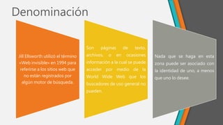 Denominación
Jill Ellsworth utilizó el término
«Web invisible» en 1994 para
referirse a los sitios web que
no están registrados por
algún motor de búsqueda.
Son páginas de texto,
archivos, o en ocasiones
información a la cual se puede
acceder por medio de la
World Wide Web que los
buscadores de uso general no
pueden.
Nada que se haga en esta
zona puede ser asociado con
la identidad de uno, a menos
que uno lo desee.
 