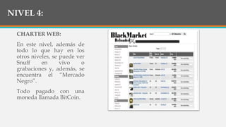 NIVEL 4:
CHARTER WEB:
En este nivel, además de
todo lo que hay en los
otros niveles, se puede ver
Snuff en vivo o
grabaciones y, además, se
encuentra el “Mercado
Negro”.
Todo pagado con una
moneda llamada BitCoin.
 
