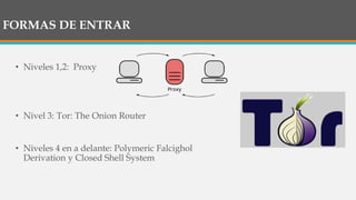 FORMAS DE ENTRAR
• Niveles 1,2: Proxy
• Nivel 3: Tor: The Onion Router
• Niveles 4 en a delante: Polymeric Falcighol
Derivation y Closed Shell System
 