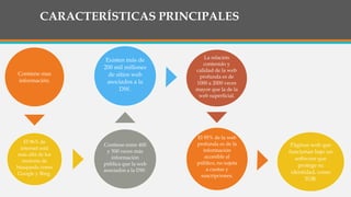 CARACTERÍSTICAS PRINCIPALES
Contiene mas
información.
El 96% de
internet está
más allá de los
motores de
búsqueda como
Google y Bing.
Contiene entre 400
y 500 veces más
información
pública que la web
asociados a la DW.
Existen más de
200 mil millones
de sitios web
asociados a la
DW.
La relación
contenido y
calidad de la web
profunda es de
1000 a 2000 veces
mayor que la de la
web superficial.
El 95% de la web
profunda es de la
información
accesible al
público, no sujeta
a cuotas y
suscripciones.
Páginas web que
funcionan bajo un
software que
protege su
identidad, como
TOR.
 