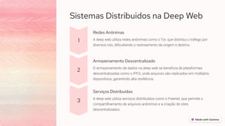 Sistemas Distribuidos na Deep Web
1
Redes Anônimas
A deep web utiliza redes anônimas como o Tor, que distribui o tráfego por
diversos nós, dificultando o rastreamento da origem e destino.
2
Armazenamento Descentralizado
O armazenamento de dados na deep web se beneficia de plataformas
descentralizadas como o IPFS, onde arquivos são replicados em múltiplos
dispositivos, garantindo alta resiliência.
3
Serviços Distribuídos
A deep web utiliza serviços distribuídos como o Freenet, que permite o
compartilhamento de arquivos anônimos e a criação de sites
descentralizados.
 