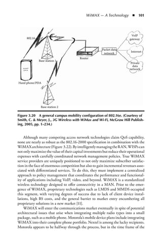 WiMAX — A Technology  n  101




                                                                            VoIP
      802.16                                                               gateway


                                                        Packet data
                                                                           Internet
                                                         network
                                         Router
               Base station 1
                                                                           Private
                                                                             data
                                                                           network



Hand phone/PDA




                Base station 2

Figure 3.20 a general campus mobility configuration of 802.16e. (Courtesy of
Smith, C.  Meyer, J., 3G Wireless with WiMax and Wi-Fi, McGraw Hill Publish-
ing, 2005, pp. 1–234.)


    Although many competing access network technologies claim QoS capability,
none are nearly as robust as the 802.16-2000 specification in combination with the
WiMAX architecture (Figure 3.22). By intelligently managing the RAN, WISPs can
not only maximize the value of their capital investments but reduce their operational
expenses with carefully coordinated network management policies. True WiMAX
service providers are uniquely positioned to not only maximize subscriber satisfac-
tion in the face of enormous competition but also to gain incremental revenues asso-
ciated with differentiated services. To do this, they must implement a centralized
approach to policy management that coordinates the performance and functional-
ity of applications including VoIP, video, and beyond. WiMAX is a standardized
wireless technology designed to offer connectivity in a MAN. Prior to the emer-
gence of WiMAX, proprietary technologies such as LMDS and MMDS occupied
this segment, with varying degrees of success due to lack of client device instal-
lations, high BS costs, and the general barrier to market entry encumbering all
proprietary solutions in a new market [11].
    WiMAX will enter the communications market eventually in spite of potential
architectural issues that arise when integrating multiple radio types into a small
package, such as a mobile phone. Motorola’s mobile device plans include integrating
WiMAX into their complete phone portfolio. Nextel is among the lucky recipients.
Motorola appears to be halfway through the process, but in the time frame of the
 