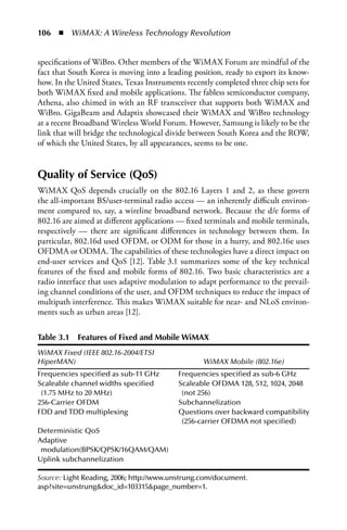 106  n  WiMAX: A Wireless Technology Revolution


specifications of WiBro. Other members of the WiMAX Forum are mindful of the
fact that South Korea is moving into a leading position, ready to export its know-
how. In the United States, Texas Instruments recently completed three chip sets for
both WiMAX fixed and mobile applications. The fabless semiconductor company,
Athena, also chimed in with an RF transceiver that supports both WiMAX and
WiBro. GigaBeam and Adaptix showcased their WiMAX and WiBro technology
at a recent Broadband Wireless World Forum. However, Samsung is likely to be the
link that will bridge the technological divide between South Korea and the ROW,
of which the United States, by all appearances, seems to be one.


Quality of Service (QoS)
WiMAX QoS depends crucially on the 802.16 Layers 1 and 2, as these govern
the all-important BS/user-terminal radio access — an inherently difficult environ-
ment compared to, say, a wireline broadband network. Because the d/e forms of
802.16 are aimed at different applications — fixed terminals and mobile terminals,
respectively — there are significant differences in technology between them. In
particular, 802.16d used OFDM, or ODM for those in a hurry, and 802.16e uses
OFDMA or ODMA. The capabilities of these technologies have a direct impact on
end-user services and QoS [12]. Table 3.1 summarizes some of the key technical
features of the fixed and mobile forms of 802.16. Two basic characteristics are a
radio interface that uses adaptive modulation to adapt performance to the prevail-
ing channel conditions of the user, and OFDM techniques to reduce the impact of
multipath interference. This makes WiMAX suitable for near- and NLoS environ-
ments such as urban areas [12].

Table 3.1 Features of Fixed and Mobile WiMax
WiMAX Fixed (IEEE 802.16-2004/ETSI 
HiperMAN)                                         WiMAX Mobile (802.16e)
Frequencies specified as sub-11 GHz       Frequencies specified as sub-6 GHz
Scaleable channel widths specified        Scaleable OFDMA 128, 512, 1024, 2048
 (1.75 MHz to 20 MHz)                      (not 256)
256-Carrier OFDM                          Subchannelization
FDD and TDD multiplexing                  Questions over backward compatibility
                                           (256-carrier OFDMA not specified)
Deterministic QoS
Adaptive
 modulation(BPSK/QPSK/16QAM/QAM)
Uplink subchannelization

Source: Light Reading, 2006; http://www.unstrung.com/document.
asp?site=unstrungdoc_id=103315page_number=1.
 