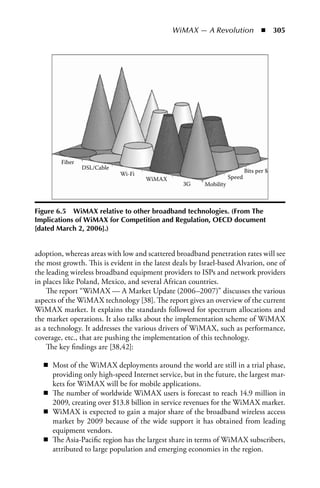WiMAX — A Revolution  n  305




         Fiber
                 DSL/Cable
                                                                            Bits per $
                             Wi-Fi
                                     WiMAX                          Speed
                                                  3G     Mobility



Figure 6.5 WiMAX relative to other broadband technologies. (From The
Implications of WiMAX for Competition and Regulation, OECD document
[dated March 2, 2006].)


adoption, whereas areas with low and scattered broadband penetration rates will see
the most growth. This is evident in the latest deals by Israel-based Alvarion, one of
the leading wireless broadband equipment providers to ISPs and network providers
in places like Poland, Mexico, and several African countries.
    The report “WiMAX — A Market Update (2006–2007)” discusses the various
aspects of the WiMAX technology [38]. The report gives an overview of the current
WiMAX market. It explains the standards followed for spectrum allocations and
the market operations. It also talks about the implementation scheme of WiMAX
as a technology. It addresses the various drivers of WiMAX, such as performance,
coverage, etc., that are pushing the implementation of this technology.
    The key findings are [38,42]:

   n Most of the WiMAX deployments around the world are still in a trial phase,
     providing only high-speed Internet service, but in the future, the largest mar-
     kets for WiMAX will be for mobile applications.
   n The number of worldwide WiMAX users is forecast to reach 14.9 million in
     2009, creating over $13.8 billion in service revenues for the WiMAX market.
   n WiMAX is expected to gain a major share of the broadband wireless access
     market by 2009 because of the wide support it has obtained from leading
     equipment vendors.
   n The Asia-Pacific region has the largest share in terms of WiMAX subscribers,
     attributed to large population and emerging economies in the region.
 