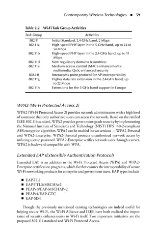Contemporary Wireless Technologies  n  59


       Table 2.2 Wi-Fi Task Group Activities
       Task Group                               Activities
          802.11        Initial Standard, 2.4-GHz band, 2 Mbps
         802.11a        High-speed PHY layer in the 5-GHz band, up to 24 or
                         54 Mbps
         802.11b        High-speed PHY layer in the 2.4-GHz band, up to 11
                         Mbps
         802.11d        New regulatory domains (countries)
         802.11e        Medium access control (MAC) enhancements:
                         multimedia, QoS, enhanced security
         802.11f        Interaccess point protocol for AP interoperability
         802.11g        Higher data rate extension in the 2.4-GHz band, up
                         to 22 Mbps
         802.11h        Extensions for the 5-GHz band support in Europe




WPA2 (Wi-Fi Protected Access 2)
WPA2 (Wi-Fi Protected Access 2) provides network administrators with a high level
of assurance that only authorized users can access the network. Based on the ratified
IEEE 802.11i standard, WPA2 provides government-grade security by implementing
the National Institute of Standards and Technology (NIST) FIPS 140-2-compliant
AES encryption algorithm. WPA2 can be enabled in two versions — WPA2-Personal
and WPA2-Enterprise. WPA2-Personal protects unauthorized network access by
utilizing a setup password. WPA2-Enterprise verifies network users through a server.
WPA2 is backward compatible with WPA.

Extended EAP (Extensible Authentication Protocol)
Extended EAP is an addition to the Wi-Fi Protected Access (WPA) and WPA2-
Enterprise certification programs, which further ensures the interoperability of secure
Wi-Fi networking products for enterprise and government users. EAP types include

   n   EAP-TLS
   n   EAP-TTLS/MSCHAv2
   n   PEAPv0/EAP-MSCHAPv2
   n   PEAPv1/EAP-GTC
   n   EAP-SIM

    Though the previously mentioned existing technologies are indeed useful for
helping secure Wi-Fi, the Wi-Fi Alliance and IEEE have both realized the impor-
tance of security enhancements to Wi-Fi itself. Two important initiatives are the
proposed 802.11i standard and Wi-Fi Protected Access.
 