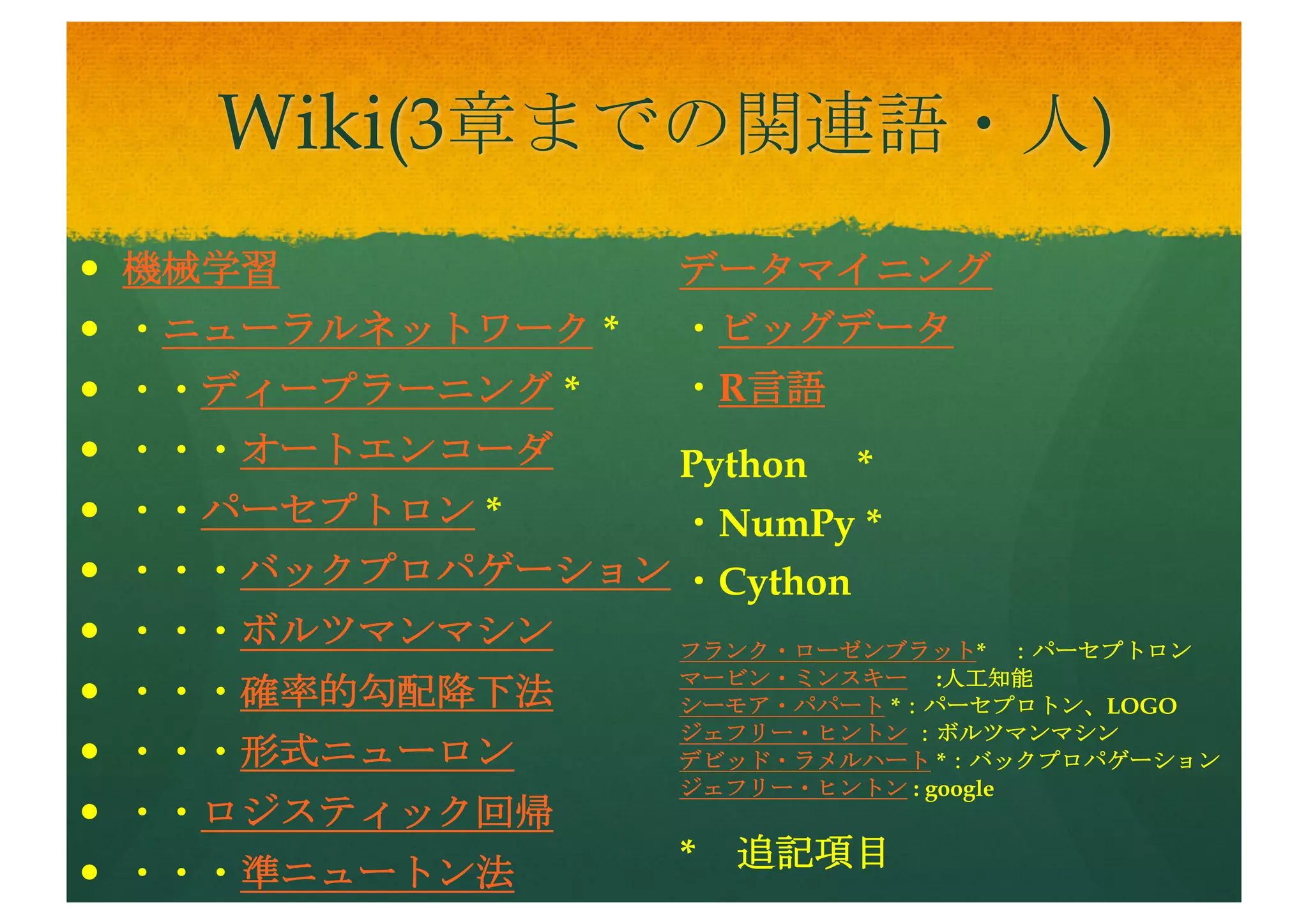 ゼロから作るDeep Learning
with Python
— サンプル
https://www.oreilly.co.jp/books/9784873117584/
— Wiki項目の追記
— 機械学習
— ニューラルネット
— パーセプトロン
— ディープラーニング
 