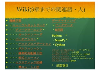 ゼロから作るDeep Learning
with Python
— サンプル
https://www.oreilly.co.jp/books/9784873117584/
— Wiki項目の追記
— 機械学習
— ニューラルネット
— パーセプトロン
— ディープラーニング
 