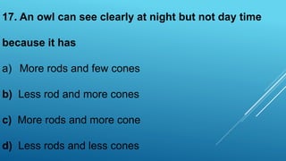 17. An owl can see clearly at night but not day time
because it has
a) More rods and few cones
b) Less rod and more cones
c) More rods and more cone
d) Less rods and less cones
 