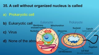 35. A cell without organized nucleus is called
a) Prokaryotic cell
b) Eukaryotic cell
c) Virus
d) None of the above
 