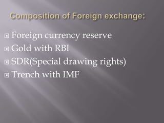 Composition of Foreign exchange:Foreign currency reserveGold with RBISDR(Special drawing rights)Trench with IMF