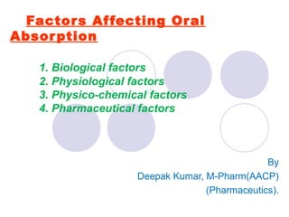 Factors Affecting Oral
Absorption
1. Biological factors
2. Physiological factors
3. Physico-chemical factors
4. Pharmaceutical factors
By
Deepak Kumar, M-Pharm(AACP)
(Pharmaceutics).
 