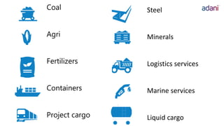 Coal
Agri
Fertilizers
Containers
Project cargo
Steel
Minerals
Logistics services
Marine services
Liquid cargo
 