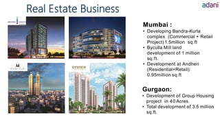 Real Estate Business
Mumbai :
• Developing Bandra-Kurla
complex (Commercial + Retail
Project) 1.5million sq.ft
• Byculla Mill land
development of 1 million
sq. ft.
• Development at Andheri
(Residential+Retail):
0.95million sq.ft
Gurgaon:
• Development of Group Housing
project in 40 Acres.
• Total development of 3.5 million
sq.ft.
 