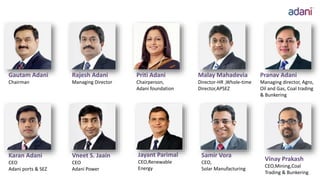 Gautam Adani
Chairman
Rajesh Adani
Managing Director
Priti Adani
Chairperson,
Adani foundation
Malay Mahadevia
Director-HR ,Whole-time
Director,APSEZ
Pranav Adani
Managing director, Agro,
Oil and Gas, Coal trading
& Bunkering
Karan Adani
CEO
Adani ports & SEZ
Vneet S. Jaain
CEO
Adani Power
Jayant Parimal
CEO,Renewable
Energy
Samir Vora
CEO,
Solar Manufacturing
Vinay Prakash
CEO,Mining,Coal
Trading & Bunkering
 