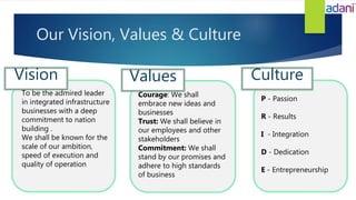 Our Vision, Values & Culture
Courage: We shall
embrace new ideas and
businesses
Trust: We shall believe in
our employees and other
stakeholders
Commitment: We shall
stand by our promises and
adhere to high standards
of business
P - Passion
R - Results
I - Integration
D - Dedication
E - Entrepreneurship
Vision Values Culture
To be the admired leader
in integrated infrastructure
businesses with a deep
commitment to nation
building .
We shall be known for the
scale of our ambition,
speed of execution and
quality of operation
 