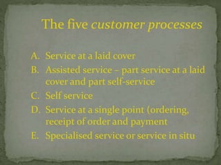 The five customer processes
A. Service at a laid cover
B. Assisted service – part service at a laid
cover and part self-service
C. Self service
D. Service at a single point (ordering,
receipt of order and payment
E. Specialised service or service in situ
 