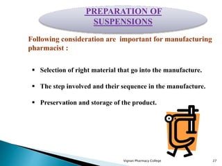 Vignan Pharmacy College 27
Following consideration are important for manufacturing
pharmacist :
 Selection of right mater...