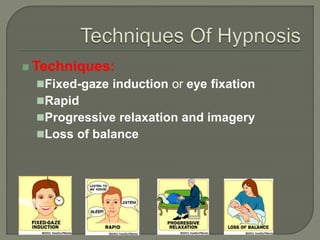  Techniques:
Fixed-gaze induction or eye fixation
Rapid
Progressive relaxation and imagery
Loss of balance
 