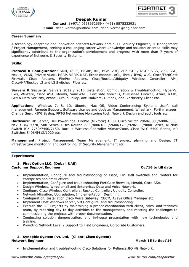 Resume for Network Engineer, Network Security, IT Management L2 / L3
