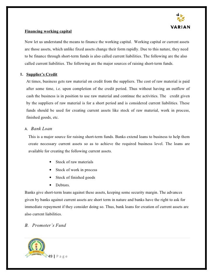 project report on working capital sample business project report for bank loan