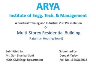 ARYA
Institute of Engg. Tech. & Management
A Practical Training and Industrial Visit Presentation
On
Multi-Storey Residential Building
(Rajasthan Housing Board)
Submitted to: Submitted by:
Mr. Gori Shankar Soni Deepak Yadav
HOD, Civil Engg. Department Roll No. 13EAOCE018
 