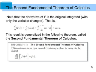 13
Note that the derivative of F is the original integrand (with
only the variable changed). That is,
This result is generalized in the following theorem, called
the Second Fundamental Theorem of Calculus.
The Second Fundamental Theorem of Calculus
 