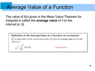 9
The value of f(c) given in the Mean Value Theorem for
Integrals is called the average value of f on the
interval [a, b].
Average Value of a Function
 