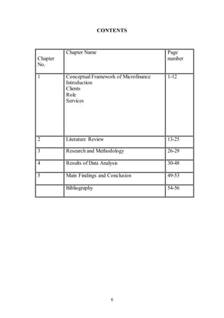6
CONTENTS
Chapter
No.
Chapter Name Page
number
1 Conceptual Framework of Microfinance
Introduction
Clients
Role
Services
1-12
2 Literature Review 13-25
3 Research and Methodology 26-29
4 Results of Data Analysis 30-48
5 Main Findings and Conclusion 49-53
Bibliography 54-56
 