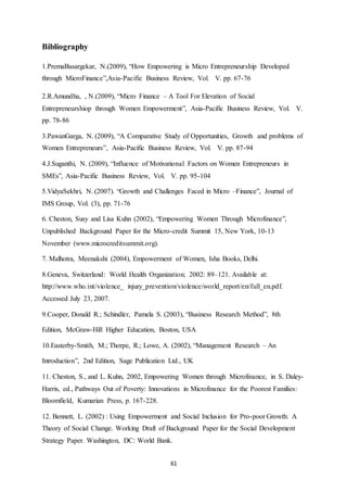 61
Bibliography
1.PremaBasargekar, N.(2009), “How Empowering is Micro Entrepreneurship Developed
through MicroFinance”,Asia-Pacific Business Review, Vol. V. pp. 67-76
2.R.Amundha, , N.(2009), “Micro Finance – A Tool For Elevation of Social
Entrepreneurshiop through Women Empowerment”, Asia-Pacific Business Review, Vol. V.
pp. 78-86
3.PawanGarga, N. (2009), “A Comparative Study of Opportunities, Growth and problems of
Women Entrepreneurs”, Asia-Pacific Business Review, Vol. V. pp. 87-94
4.J.Suganthi, N. (2009), “Influence of Motivational Factors on Women Entrepreneurs in
SMEs”, Asia-Pacific Business Review, Vol. V. pp. 95-104
5.VidyaSekhri, N. (2007). “Growth and Challenges Faced in Micro –Finance”, Journal of
IMS Group, Vol. (3), pp. 71-76
6. Cheston, Susy and Lisa Kuhn (2002), “Empowering Women Through Microfinance”,
Unpublished Background Paper for the Micro-credit Summit 15, New York, 10-13
November (www.microcreditsummit.org).
7. Malhotra, Meenakshi (2004), Empowerment of Women, Isha Books, Delhi.
8.Geneva, Switzerland: World Health Organization; 2002: 89–121. Available at:
http://www.who.int/violence_ injury_prevention/violence/world_report/en/full_en.pdf.
Accessed July 23, 2007.
9.Cooper, Donald R.; Schindler, Pamela S. (2003), “Business Research Method”, 8th
Edition, McGraw-Hill Higher Education, Boston, USA
10.Easterby-Smith, M.; Thorpe, R.; Lowe, A. (2002), “Management Research – An
Introduction”, 2nd Edition, Sage Publication Ltd., UK
11. Cheston, S., and L. Kuhn, 2002, Empowering Women through Microfinance, in S. Daley-
Harris, ed., Pathways Out of Poverty: Innovations in Microfinance for the Poorest Families:
Bloomfield, Kumarian Press, p. 167-228.
12. Bennett, L. (2002) : Using Empowerment and Social Inclusion for Pro-poor Growth: A
Theory of Social Change. Working Draft of Background Paper for the Social Development
Strategy Paper. Washington, DC: World Bank.
 