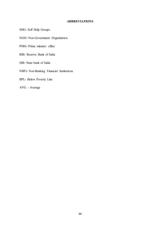64
ABBREVIATIONS
SHG- Self Help Groups.
NGO- Non Government Organization
PMO- Prime minister office
RBI- Reserve Bank of India
SBI- State bank of India
NBFI- Non Banking Financial Institutions
BPL- Below Poverty Line
AVG. - Average
 