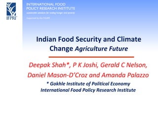 Indian Food Security and Climate 
       Change Agriculture Future

Deepak Shah*, P K Joshi, Gerald C Nelson, 
Daniel Mason‐D’Croz and Amanda Palazzo
       * Gokhle Institute of Political Economy
    International Food Policy Research Institute
 