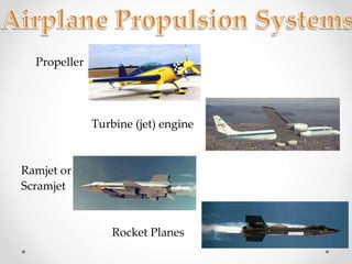 Propeller
Turbine (jet) engine
Ramjet or
Scramjet
Rocket Planes
 