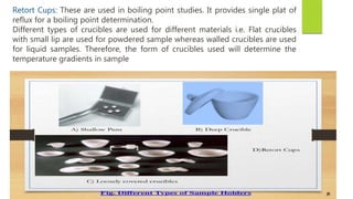 Retort Cups: These are used in boiling point studies. It provides single plat of
reflux for a boiling point determination.
Different types of crucibles are used for different materials i.e. Flat crucibles
with small lip are used for powdered sample whereas walled crucibles are used
for liquid samples. Therefore, the form of crucibles used will determine the
temperature gradients in sample
 
